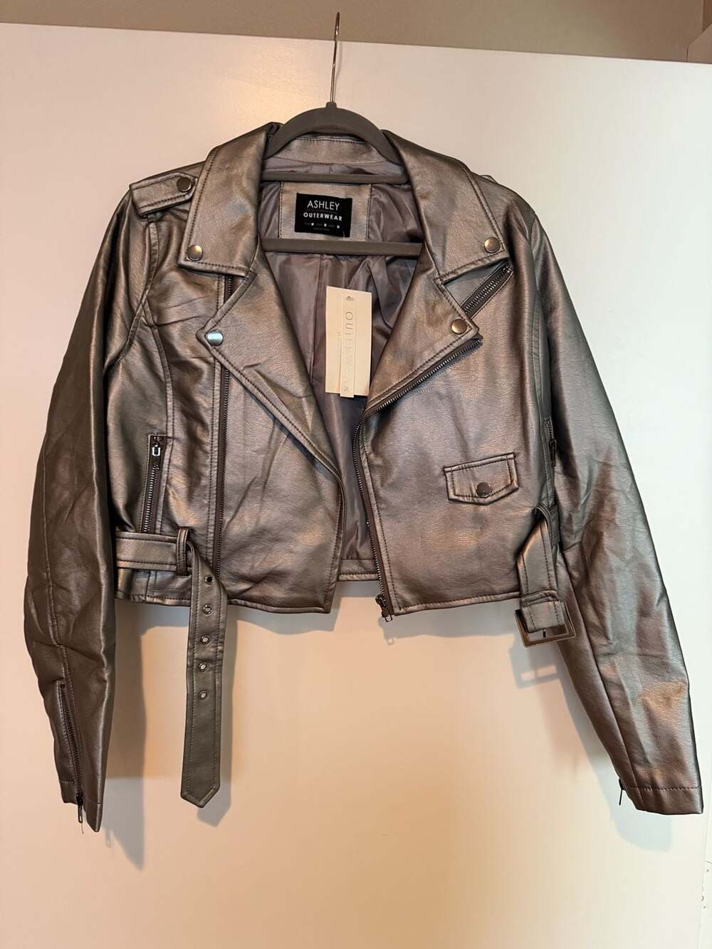 Ashley by 26 International Outerwear Metallic Steel Moto Jacket, Size M